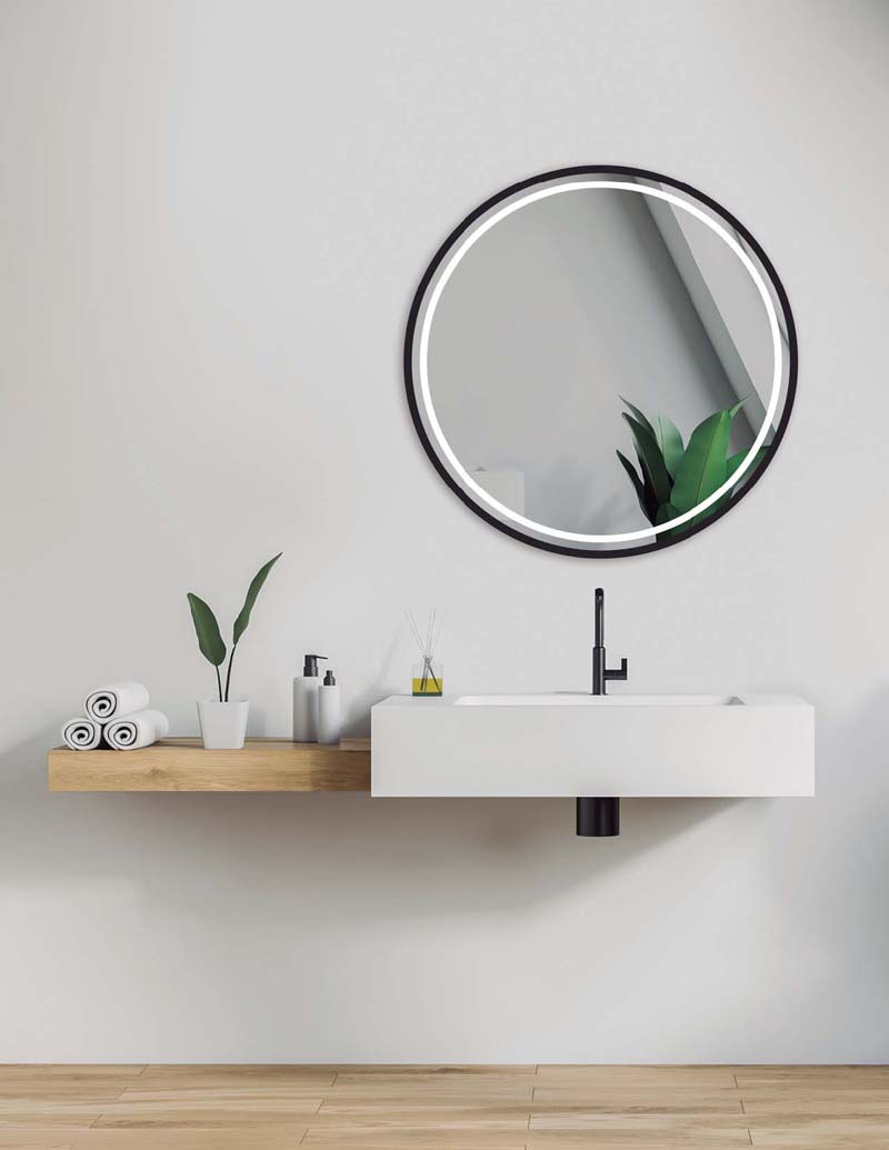 Espejo de baño Led redondo y elegante marco negro - Iluminado por