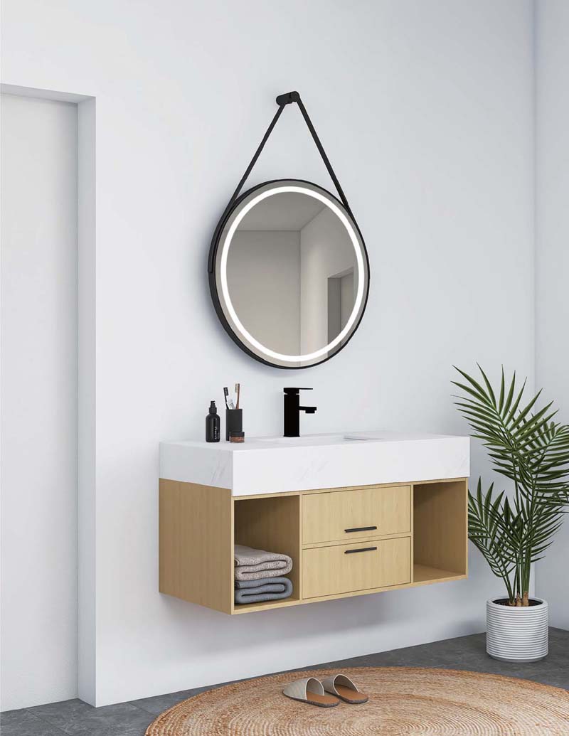Espejo de baño Led redondo con en NEGRO MATE Y CORREA NEGRA - Iluminado por LED con IRC >80 – KENIA – MamparaStore