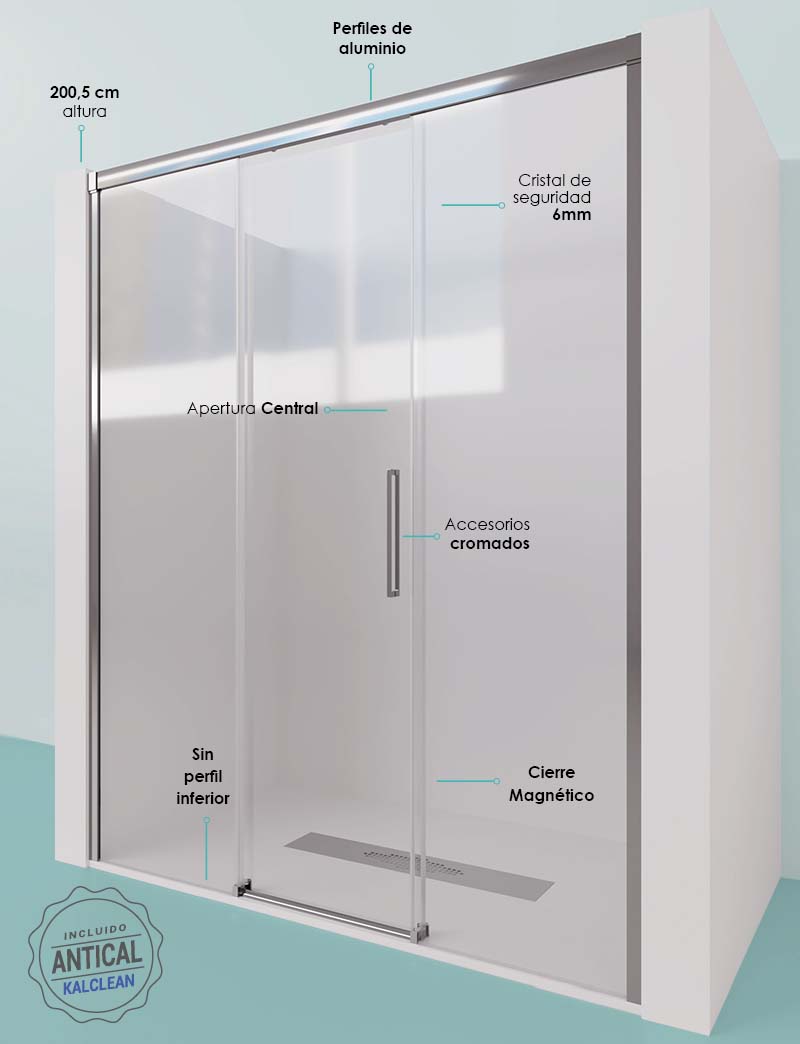 Mampara Bañera Frontal Corredera | Cristal templado de 6mm con ANTICAL |  Frente de Bañera de 1 Fijo + 1 Puerta Corredera | Altura 150cm | Color  Negro