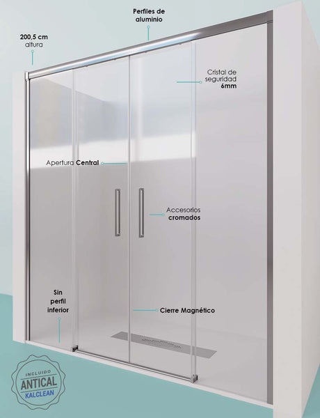 Modelo VEGA - Mampara frontal de ducha- de 2 hojas fijas y 2 puertas correderas - Cristal 6 mm con ANTICAL INCLUIDO