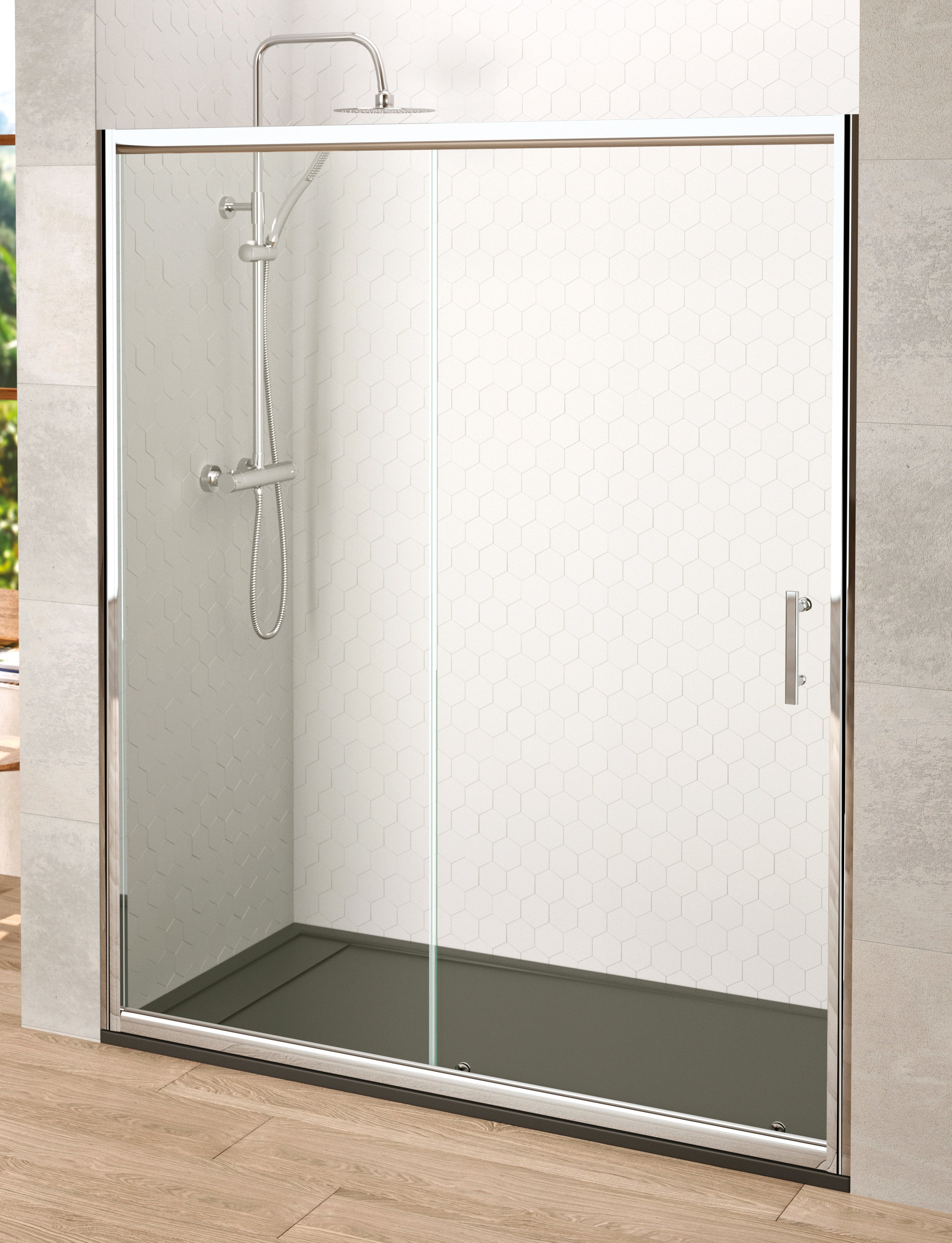 Mampara de ducha Frontal 1 fijo + 1 puerta corredera. Transparente