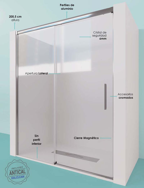 Modelo SIRIO - Mampara frontal de ducha - de 1 hoja fija y 1 puerta corredera - Cristal 6 mm con ANTICAL INCLUIDO
